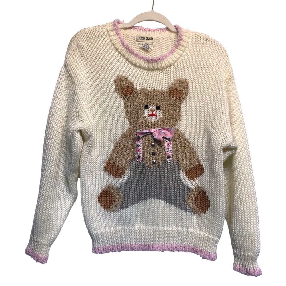 VTG 80s Twee Womens Cute Knitted Teddy Bear Sweater Whimiscal Small Soft Girl